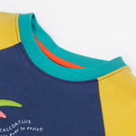 Frugi yellow and navy short sleeve top dino design neck detail