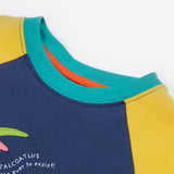 Frugi yellow and navy short sleeve top dino design neck detail