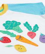 Frugi white short sleeve top, blue and red sleeves veg patch print detail