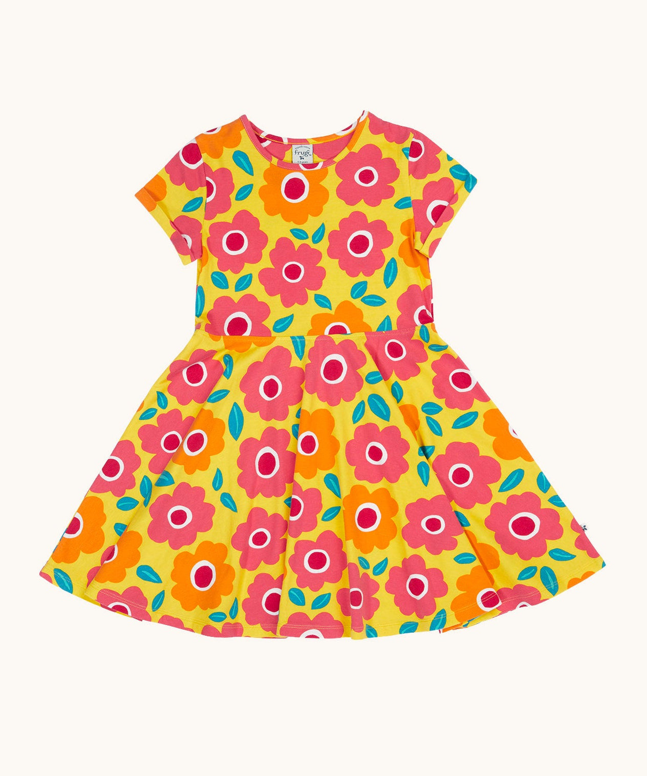 Frugi skater dress laid flat. In bright yellow with a repeating pink and orange floral print