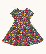 Frugi organic cotton skater dress laid flat. In navy with a repeating heart, sun rainbow and flower print.