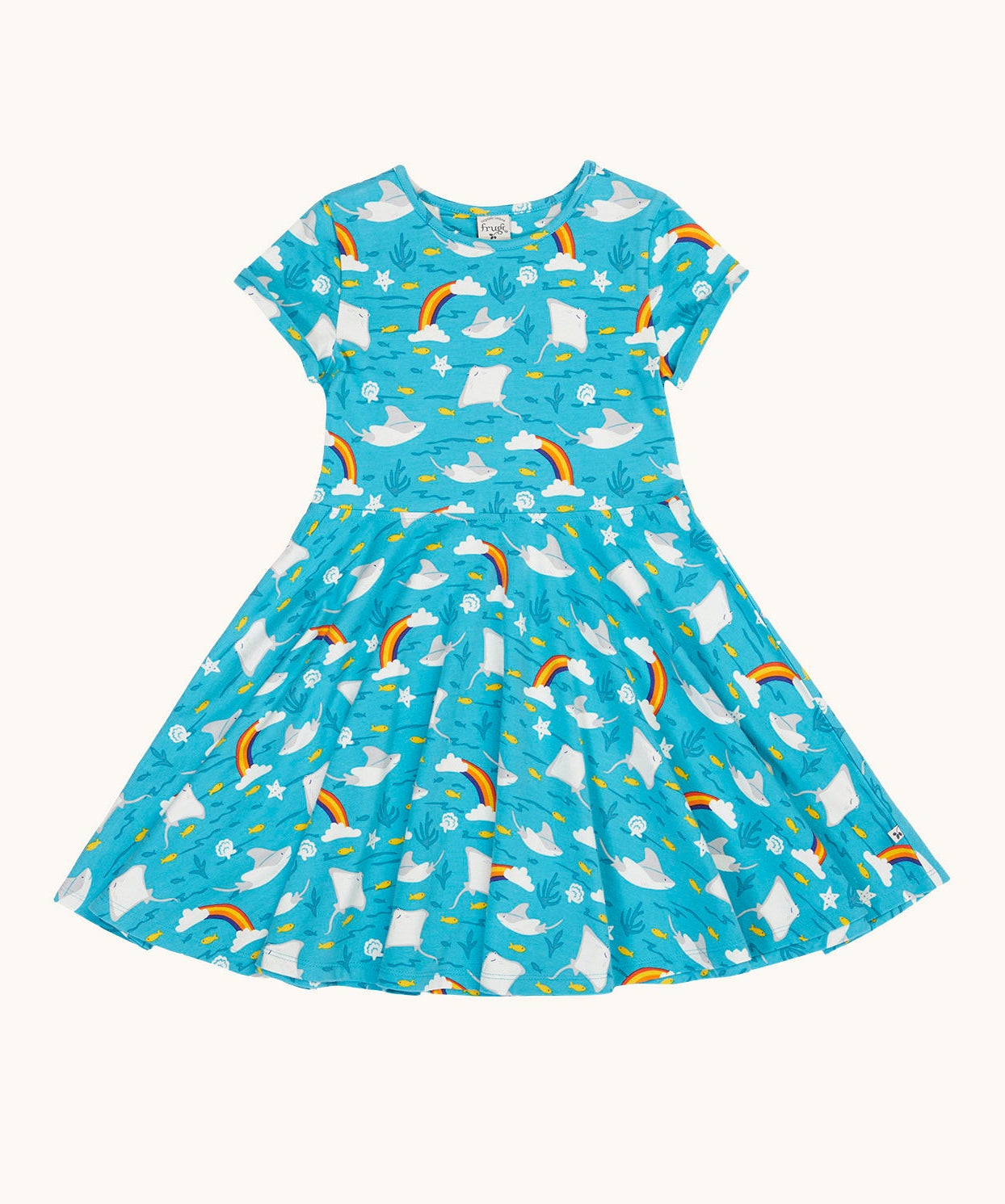 Frugi organic cotton skater dress laid flat. In light blue with a repeating grey manta ray and rainbow print