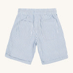 Frugi blue and white striped shorts back detail on a cream background.