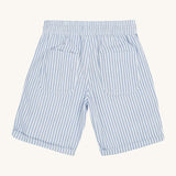 Frugi blue and white striped shorts back detail on a cream background.