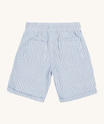 Frugi blue and white striped shorts back detail on a cream background.