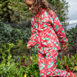 Frugi pink rain shine trousers strawberries design 