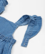 Frugi blue denim short dungarees rainbow back shoulder strap detail