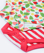 Frugi pink stripe body 2 pack strawberry field design leg popper detail