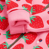 Frugi kids snuggle suit in strawberry design arm cuff detail