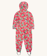 Frugi pink all in one suit strawberry pals back detail on a cream background.