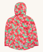 Frugi pink rain jacket strawberry pals back detail on a cream background.
