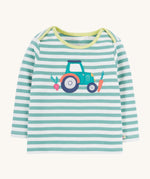 Frugi striped long sleeve top tractor design on a cream background.