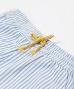 Frugi blue and white striped shorts waist detail