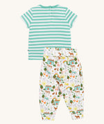 Frugi green stripe summer outfit farm life design back detail on a cream background.
