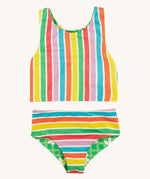 Frugi reversible tankini in a  summer stripe design on a cream background.