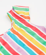Frugi swim suit in a light multicoloured striped design sleeve detail