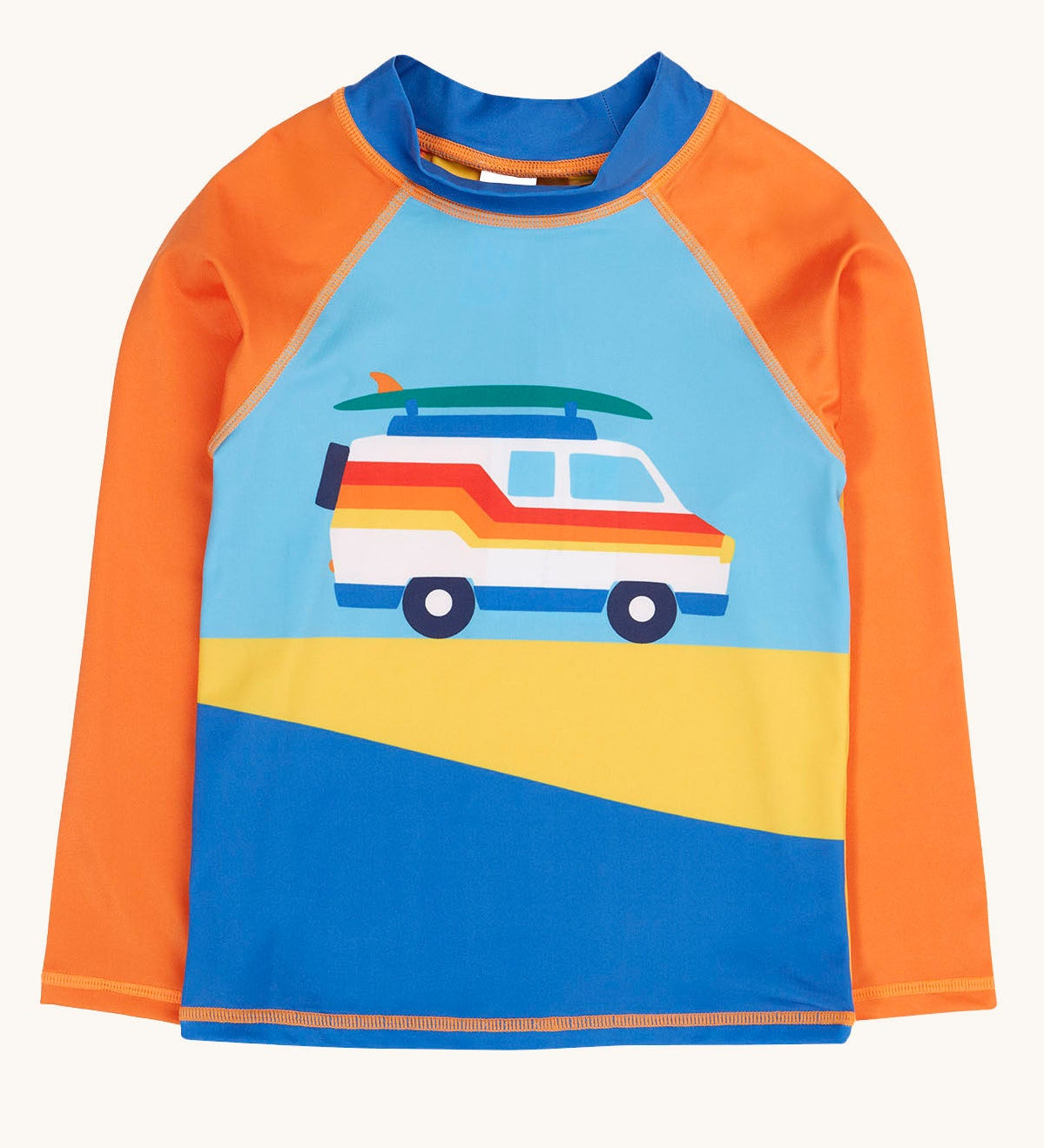 Frugi recycled plastic long sleeve rash vest laid flat. In blue and yellow block colours on the front with a retro camper van design and orange sleeves.