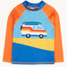 Frugi recycled plastic long sleeve rash vest laid flat. In blue and yellow block colours on the front with a retro camper van design and orange sleeves.