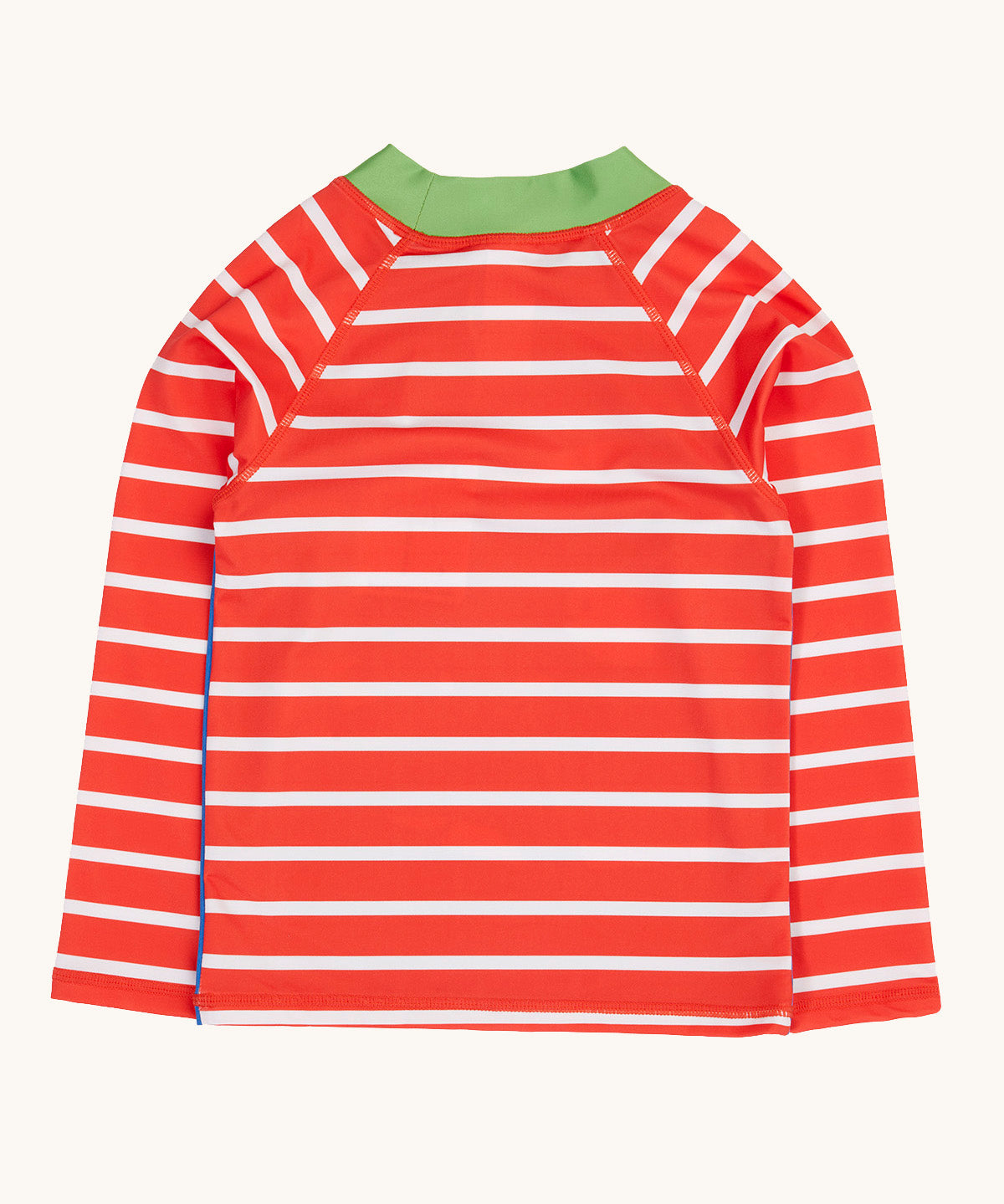 The back of the Frugi recycled plastic long sleeve rash vest laid flat. In red and white stripes with a green collar trim