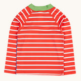 The back of the Frugi recycled plastic long sleeve rash vest laid flat. In red and white stripes with a green collar trim