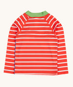 The back of the Frugi recycled plastic long sleeve rash vest laid flat. In red and white stripes with a green collar trim