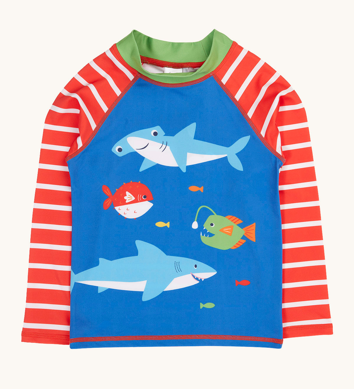 Frugi recycled plastic long sleeve rash vest. In blue with a red and white stripe design on the sleeves and sea animals on the front.
