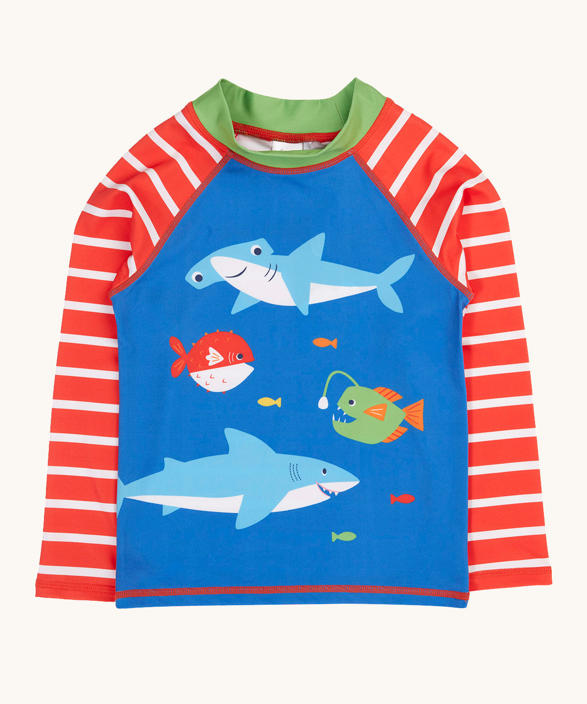 Frugi recycled plastic long sleeve rash vest. In blue with a red and white stripe design on the sleeves and sea animals on the front.