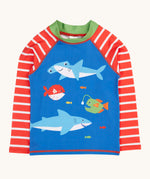 Frugi recycled plastic long sleeve rash vest. In blue with a red and white stripe design on the sleeves and sea animals on the front.