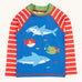 Frugi recycled plastic long sleeve rash vest. In blue with a red and white stripe design on the sleeves and sea animals on the front.