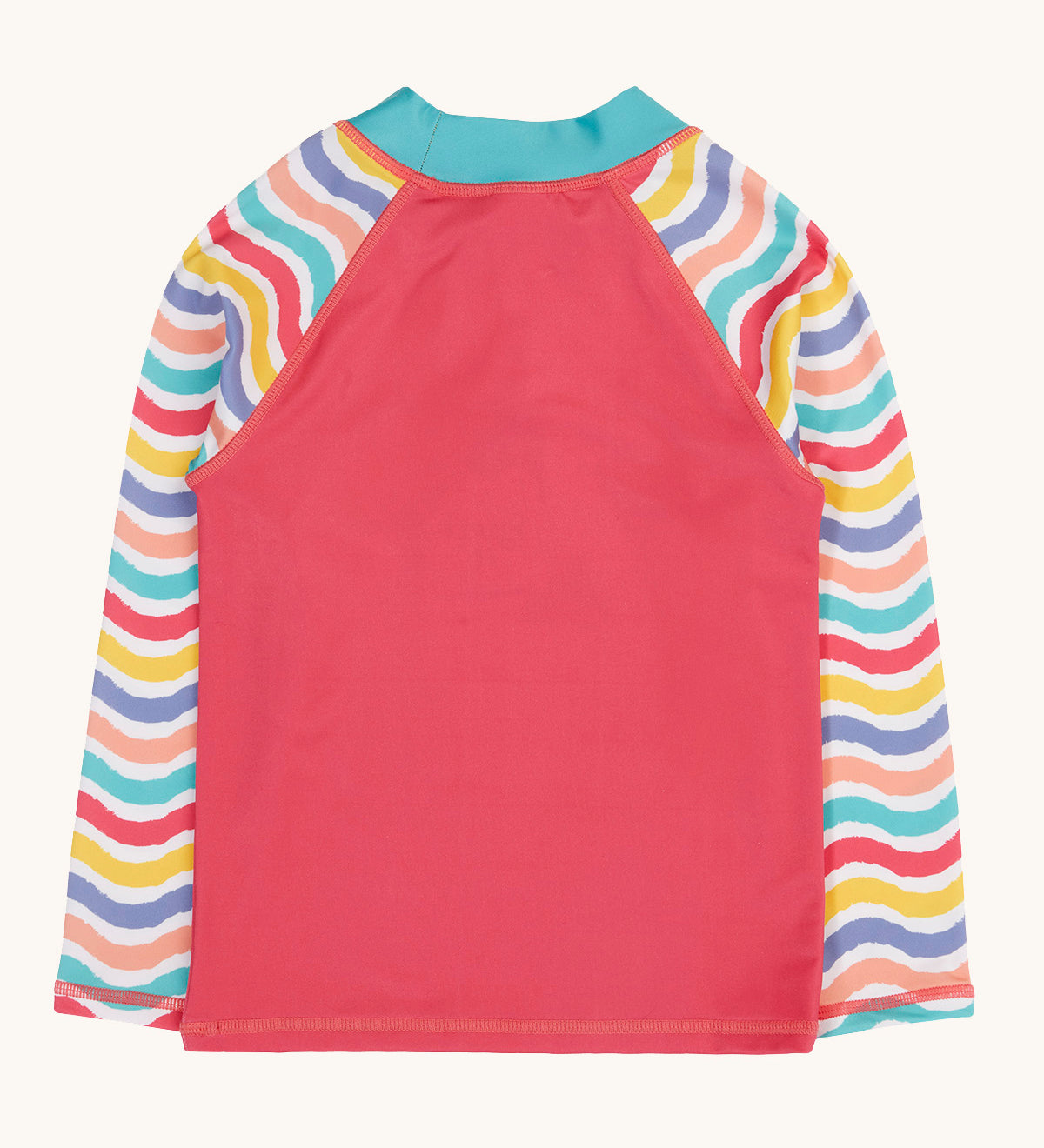 Back of the Frugi recycled plastic rash vest laid flat. In light pink with a pastel wavy striped design on the long sleeves 