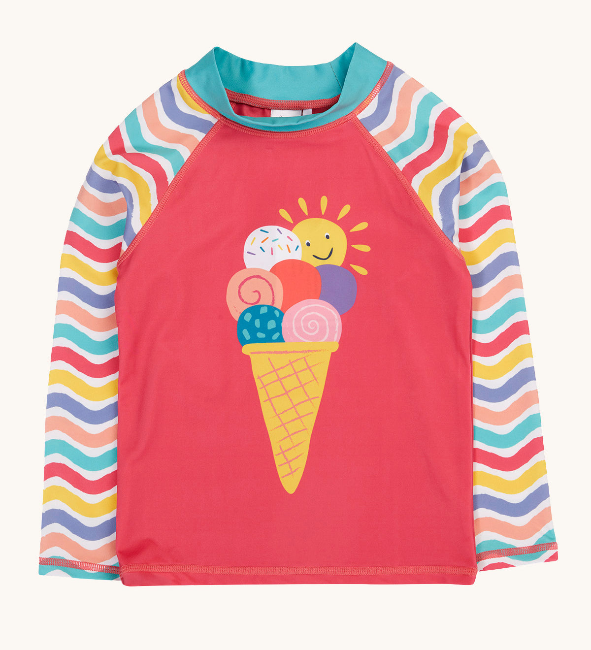 Frugi recycled plastic rash vest laid flat. In light pink with a pastel wavy striped design on the long sleeves and a playful ice cream design on the front