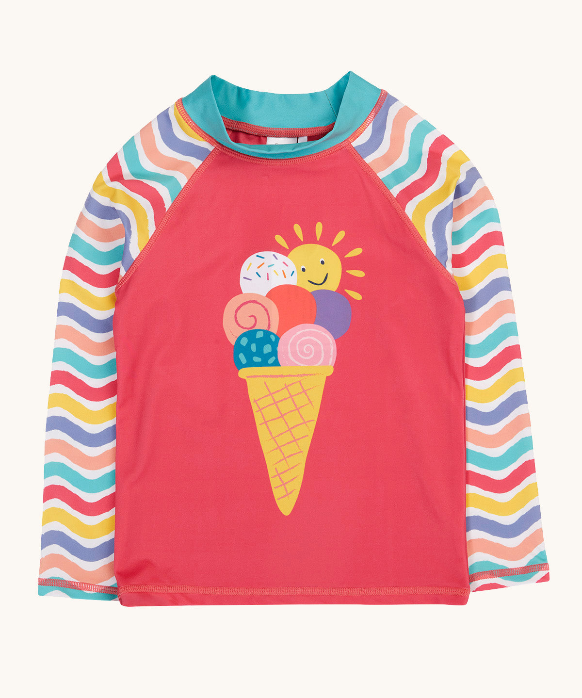 Frugi recycled plastic rash vest laid flat. In light pink with a pastel wavy striped design on the long sleeves and a playful ice cream design on the front