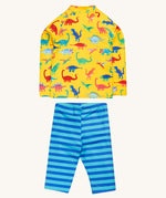 Frugi yellow, blue stripe sun safe dino roar back detail