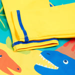 Frugi yellow and stripes little sun safe suit dino cuff detail