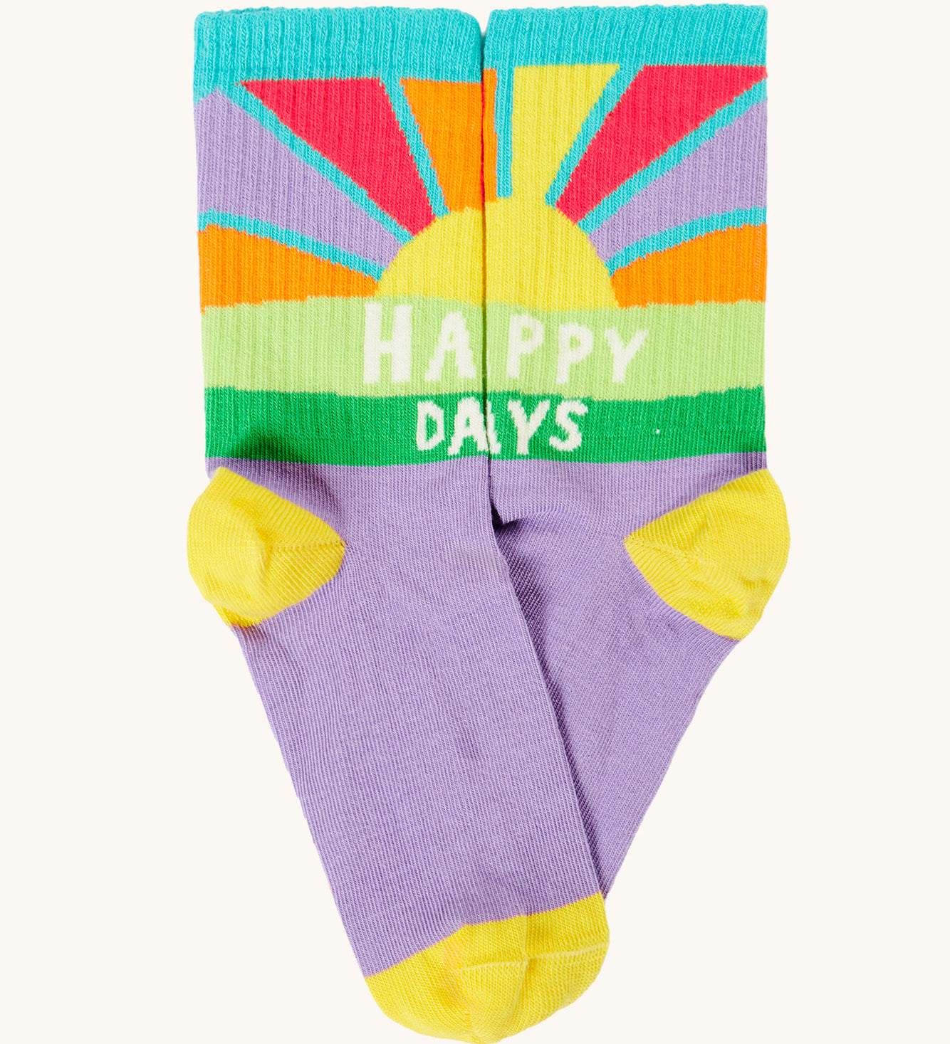 Frugi organic cotton sock from the adventure multipack. In purple with a sunshine and happy days slogan
