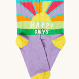 Frugi organic cotton sock from the adventure multipack. In purple with a sunshine and happy days slogan