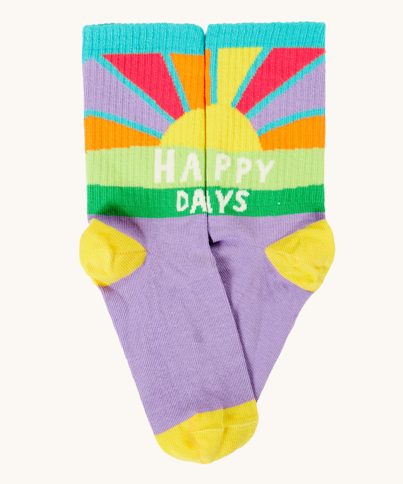 Frugi organic cotton sock from the adventure multipack. In purple with a sunshine and happy days slogan