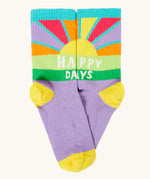 Frugi organic cotton sock from the adventure multipack. In purple with a sunshine and happy days slogan