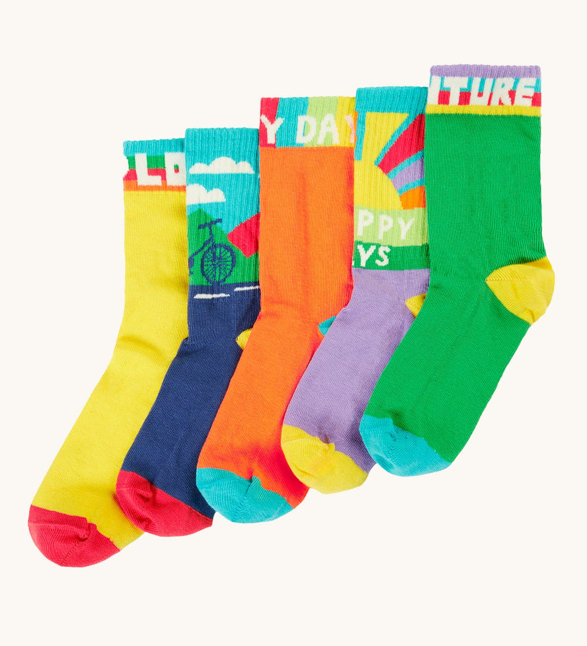 Frugi adventure themed multipack socks laid flat in different colours and designs