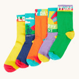 Frugi adventure themed multipack socks laid flat in different colours and designs