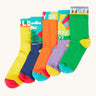 Frugi adventure themed multipack socks laid flat in different colours and designs