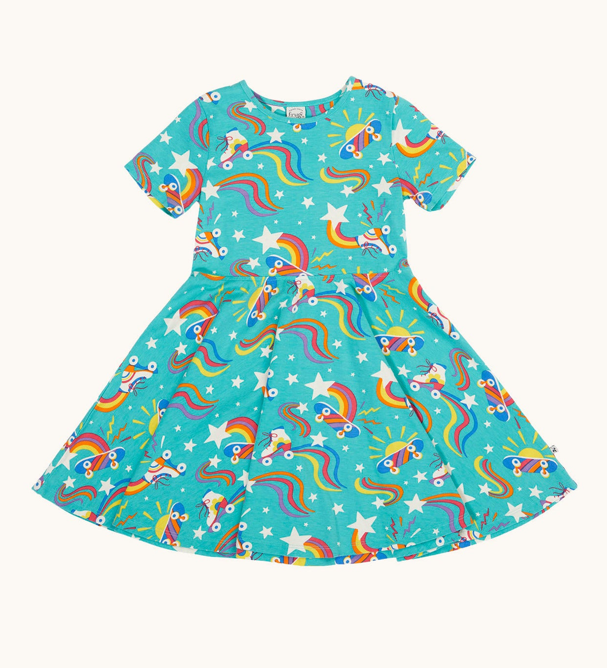 Frugi organic cotton skater dress. In turquoise with a repeating white roller blade and skateboard design