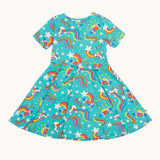 Frugi organic cotton skater dress. In turquoise with a repeating white roller blade and skateboard design