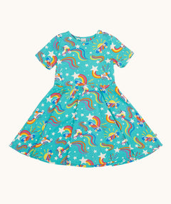 Frugi organic cotton skater dress. In turquoise with a repeating white roller blade and skateboard design