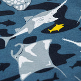 A close up of the repeating grey manta ray and shark print on the navy Frugi organic cotton sweatshirt