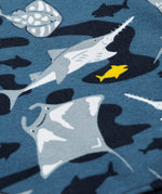 A close up of the repeating grey manta ray and shark print on the navy Frugi organic cotton sweatshirt
