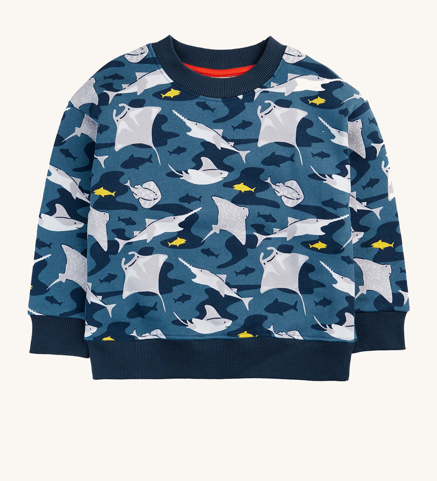 Frugi organic cotton sweatshirt laid flat. In dark blue and navy trim with a repeating grey manta ray and shark print.