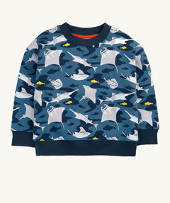 Frugi organic cotton sweatshirt laid flat. In dark blue and navy trim with a repeating grey manta ray and shark print.