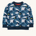 Frugi organic cotton sweatshirt laid flat. In dark blue and navy trim with a repeating grey manta ray and shark print.