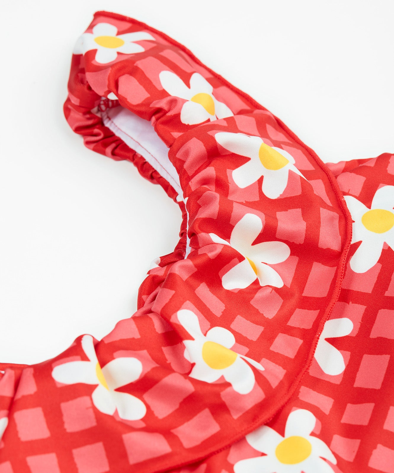 Frugi coral little swimsuit daisy chain neck detail